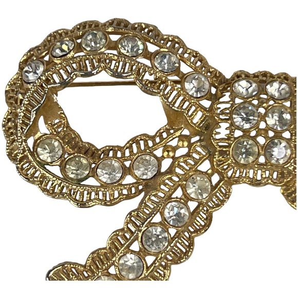Vintage Large Clear Rhinestone Bow Brooch Gold Tone Pin 3 3/4 Inch L N - Picture 2 of 10
